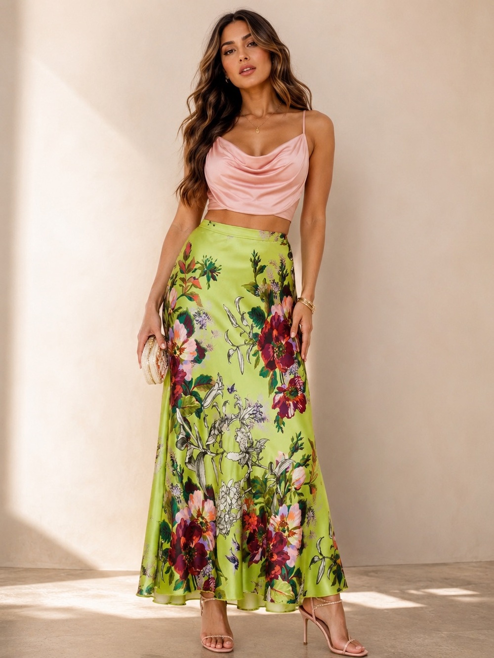 Anthropologie Lime Green Floral Satin Maxi Skirt